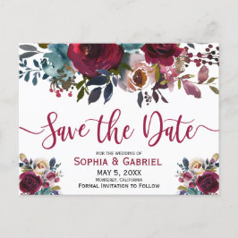 Boho Burgundy Marsala Navy Floral Save the Date Ankündigungspostkarte