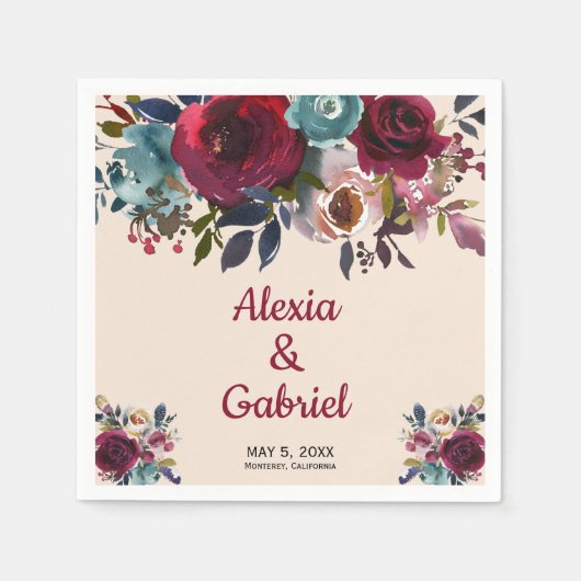 Boho Burgundy Marsala Rote Marine Blumenhochzeit Serviette (Vorderseite)