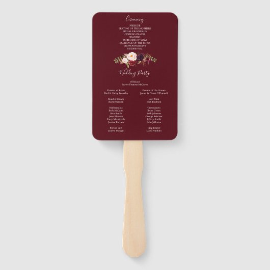 Boho Burgundy Marsala Wedding Fan Programm Fächer (Rückseite)