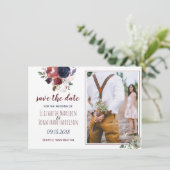 Boho Burgundy Navy Floral Foto Save the Date (Stehend Vorderseite)