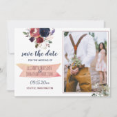 Boho Burgundy Navy Floral Foto ZZ Save the Date (Vorderseite)