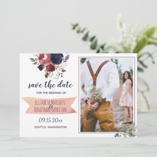 Boho Burgundy Navy Floral Foto ZZ Save the Date (Stehend Vorderseite)