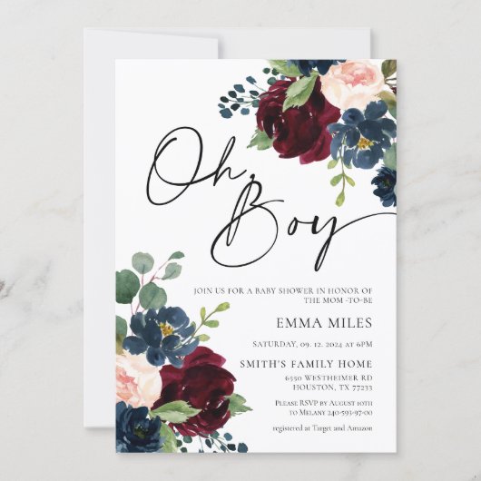 Boho Burgundy Oh Boy Baby Shower Einladung (Vorderseite)