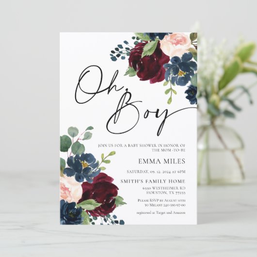 Boho Burgundy Oh Boy Baby Shower Einladung (Stehend Vorderseite)