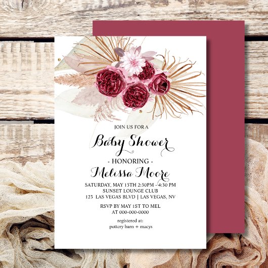 Boho Burgundy Pampas Grass Baby Shower Einladung
