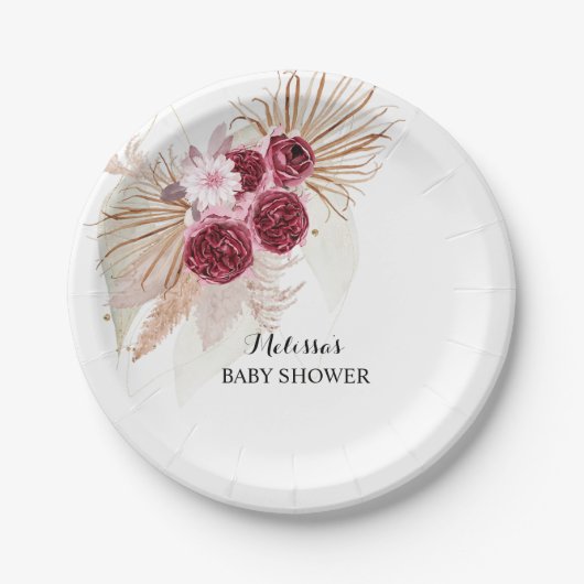 Boho Burgundy Pampas Grass Custom Dessert Pappteller (Vorderseite)