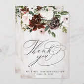 Boho Burgundy Pink Rose Blumenhochzeit Dankeskarte (Vorne/Hinten)