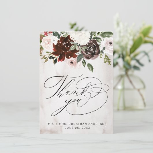 Boho Burgundy Pink Rose Blumenhochzeit Dankeskarte (Stehend Vorderseite)