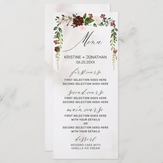 Boho Burgundy Pink Rose Blumenhochzeit Menükarte (Vorne/Hinten)