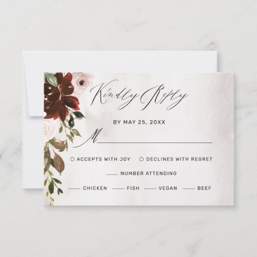 Boho Burgundy Pink Rose Blumenhochzeit RSVP Karte (Vorderseite)