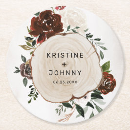 Boho Burgundy Pink Rose Floral Wood Slice Wedding Runder Pappuntersetzer