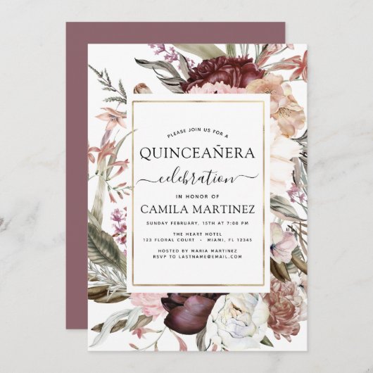 Boho Burgundy Quinceañera Dusty Pink Floral Einladung (Vorne/Hinten)