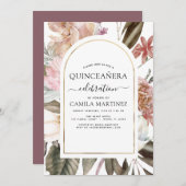Boho Burgundy Quinceañera Dusty Pink Floral Invit Einladung (Vorne/Hinten)