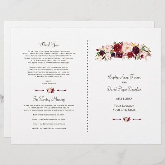 Boho Burgundy Red Marsala Floral Wedding Program (Vorne/Hinten)