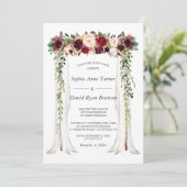 Boho Burgundy Red Pink Floral Canopy Wedding Einladung (Stehend Vorderseite)