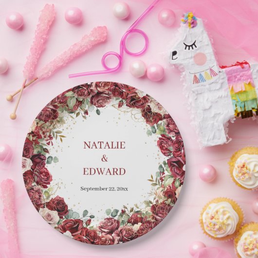 Boho burgundy Rose eucalyptus Wedding Pappteller (Party)