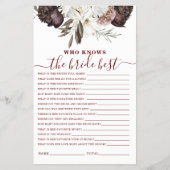 Boho Burgundy Rose fallen Brautparty Game Flyer (Vorne)