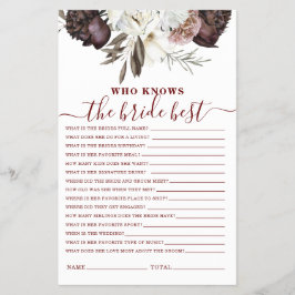 Boho Burgundy Rose fallen Brautparty Game Flyer