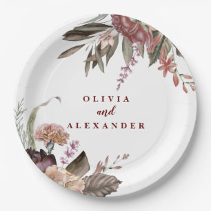 Boho Burgundy Rose fallen Hochzeit Pappteller