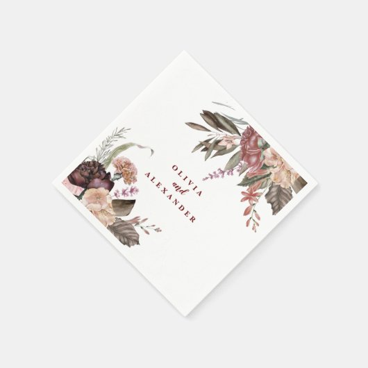 Boho Burgundy Rose fallen Hochzeit Serviette (Ecke)