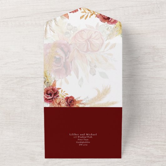 BOHO Burgundy Rose Pampas Grass Wedding All In One Einladung (Außenbereich)