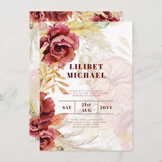 BOHO Burgundy Rose Pampas Grass Wedding Einladung (Vorne/Hinten)