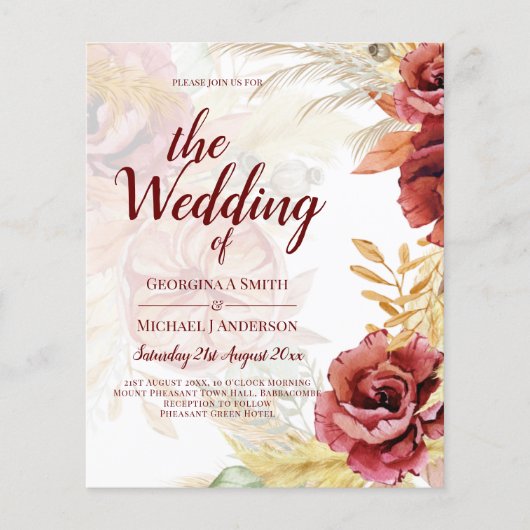 BOHO Burgundy Rose Pampas Grass Wedding Flyer (Vorne)