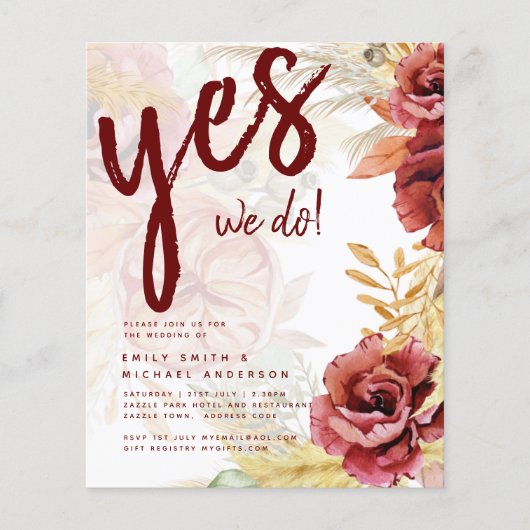 BOHO Burgundy Rose Pampas Grass Wedding Flyer (Vorne)