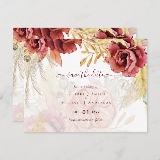 BOHO Burgundy Rose Pampas Grass Wedding Postkarte (Vorne/Hinten)