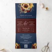 Boho Burgundy Rose Sonnenblumen Marine QR Code Hoc Dreifach Gefaltete Einladung (Innenseite)
