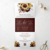 Boho Burgundy Rose Sunflowers QR Code Wedding Dreifach Gefaltete Einladung (Innenseite)