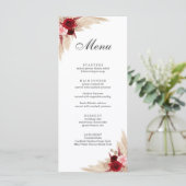 Boho Burgundy Rose und Pampas Grass Menükarte (Stehend Vorderseite)
