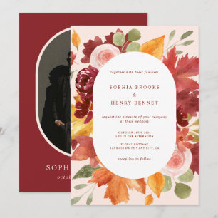Boho Burgundy Rustic Floral Foto Wedding Einladung