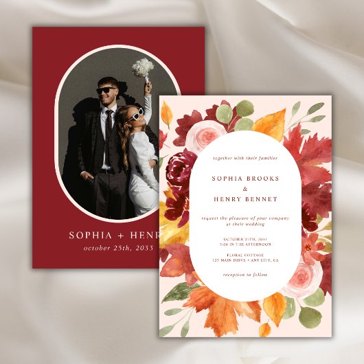Boho Burgundy Rustic Floral Foto Wedding Einladung