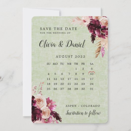 Boho Burgundy Sage Green Calendar Save the Date Einladung (Vorderseite)