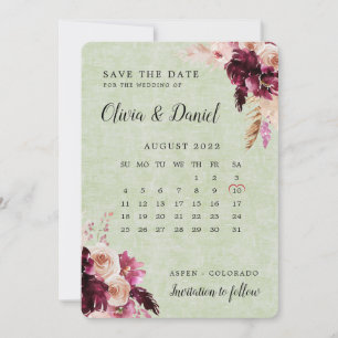Boho Burgundy Sage Green Calendar Save the Date Einladung