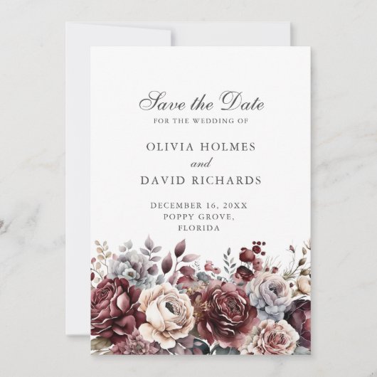 Boho Burgundy & Sage Green Floral Save the Date (Vorderseite)