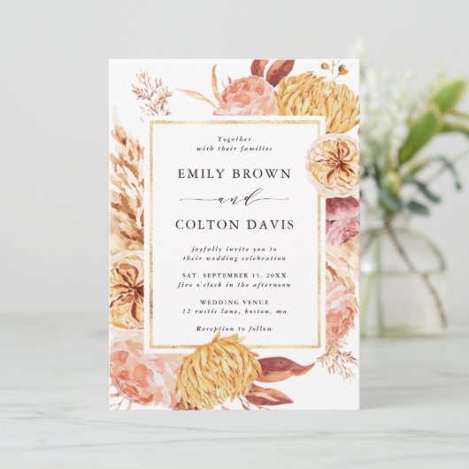 Boho Burgundy Terracotta Blume Gold Frame Wedding Einladung (Stehend Vorderseite)