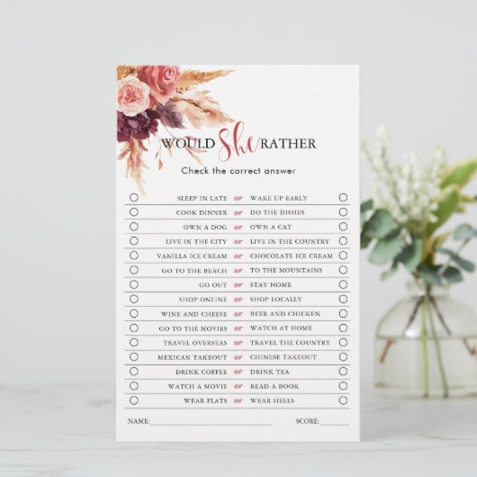 Boho Burgundy Terracotta Brautparty Game (Stehend Vorderseite)