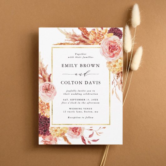 Boho Burgundy Terracotta Floral Gold Rahmen Weddin Einladung