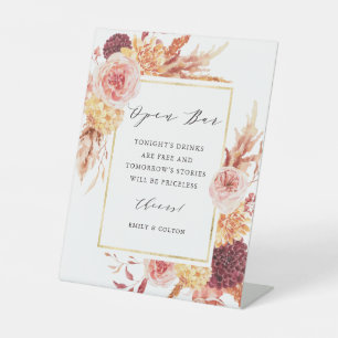 Boho Burgundy Terracotta Floral Wedding Open Bar Sockelschild