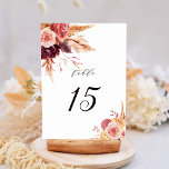 Boho Burgundy Terracotta Floral Wedding Tischnummer<br><div class="desc">Diese Tischnummer ist mit handbemalten rustikalen Aquarellfarben-Blume in Terrakotta,  Bordeaux,  Bronzeorange,  Gelb,  Blüte mit beige-braunem Pampasgras gestaltet. Für eine erweiterte Anpassung dieses Designs klicken Sie bitte auf den Link "Weitere Anpassung". Matching-Elemente sind ebenfalls verfügbar.</div>