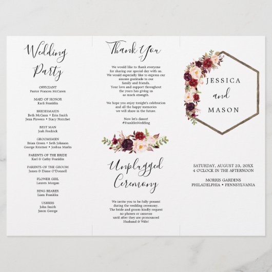 Boho Burgundy Tri-Fold Wedding Program Flyer (Vorne)