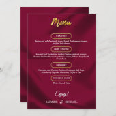 Boho Burgundy und Gold Elegante Script Wedding Menükarte (Vorne/Hinten)