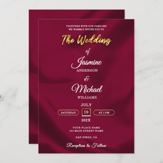 Boho Burgundy und Gold Foil Script Wedding Simple Einladung (Vorne/Hinten)