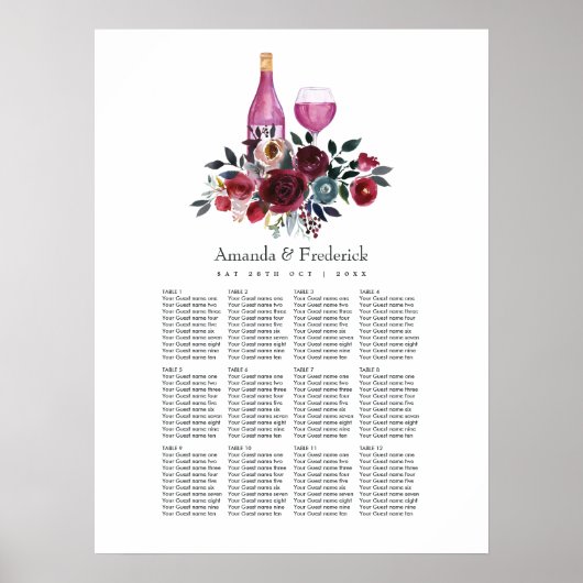 Boho Burgundy und Navy Wein Verkostungsplan Poster (Vorne)