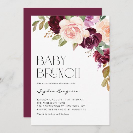 Boho Burgundy und Peach Blume Fall Baby Brunch Einladung (Vorne/Hinten)