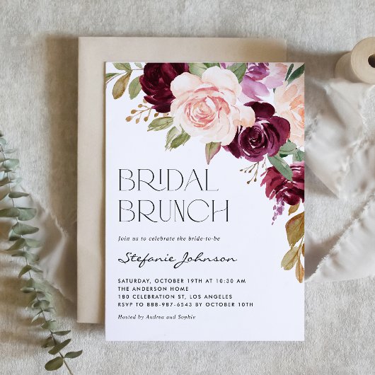 Boho Burgundy und Peach Blume Fall Bridal Brunch Einladung