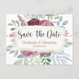 Boho Burgundy Watercolor Floral Save the Date Ankündigungspostkarte