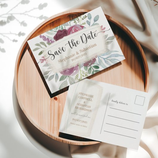 Boho Burgundy Watercolor Floral Save the Date Ankündigungspostkarte